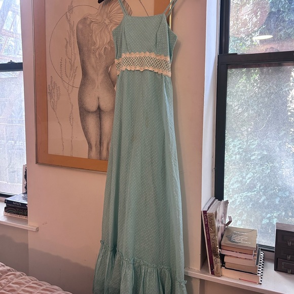 vintage light blue lace polka dot maxi dress daisy lace empire waist - Picture 12 of 13